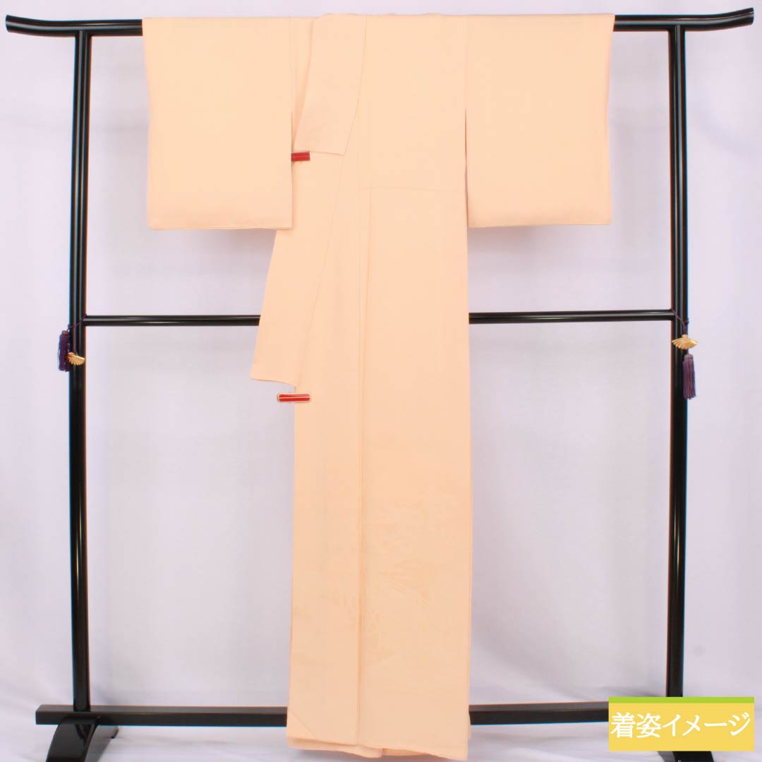 色無地 正絹 Sランク 身丈159cm 裄丈63cm 肌色(はだいろ) 一つ紋 丸に桔梗 寿光織 袷 橙系 1114002652326