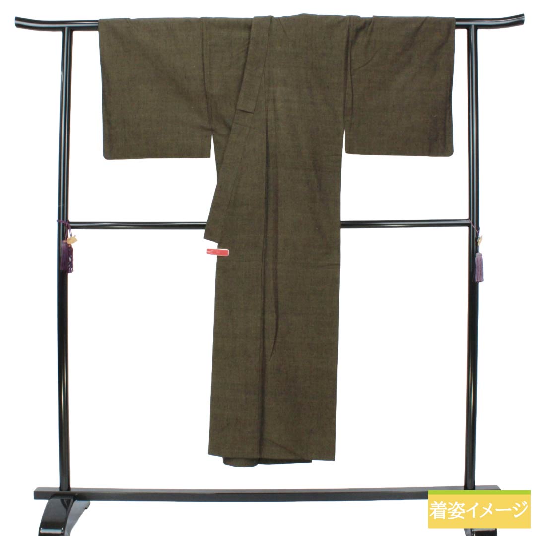 男物 正絹 Aランク 身丈141.5cm 裄丈70cm 黄黒色(きぐろいろ) 紬地 無地 袷 緑系 1119002053419