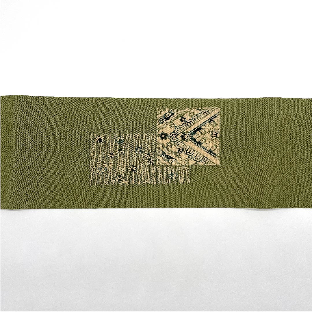 名古屋帯 麹塵色 草木染 抽象模様 帯丈379cm 正絹 美品 ポイント柄 カジュアル 緑系 1124004022319 名古屋仕立て