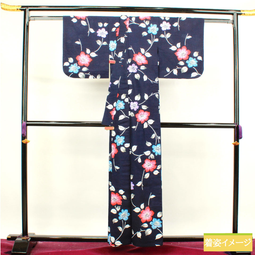浴衣 木綿 身丈157cm 裄丈62.5cm Aランク 単衣 紺系 濃紺色(のうこんいろ) 椿 1118004593318