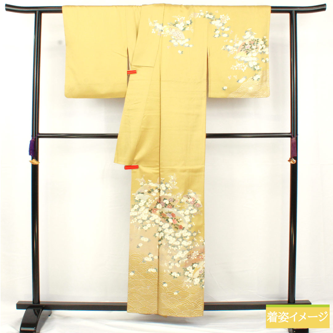 訪問着 正絹 袷 身丈156.5cm 裄丈63cm 窃黄色(せっこういろ) 京友禅 桜 菊 萩 Aランク 黄系 1112005243323