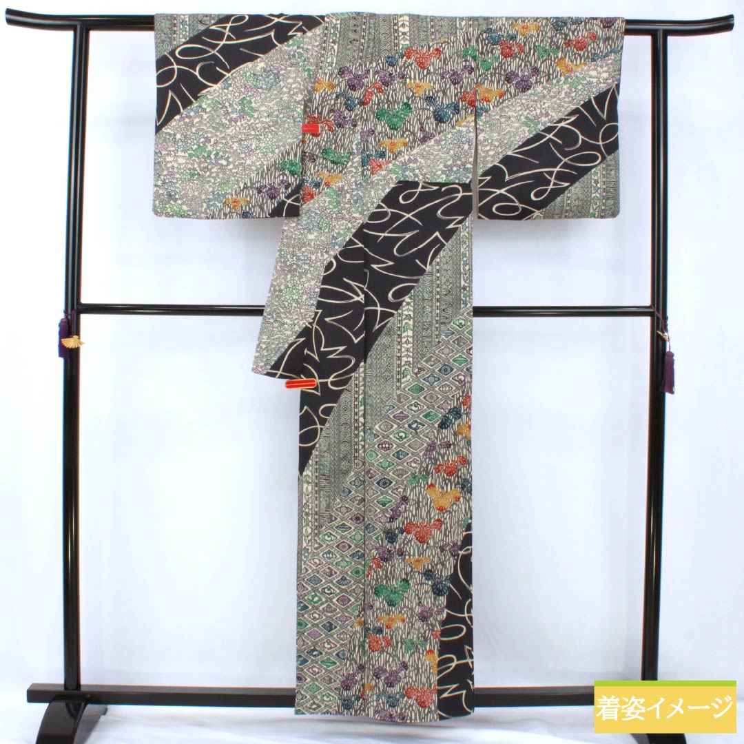 訪問着 正絹 Bランク 袷 身丈157cm 裄丈65cm 燻銀色(いぶしぎんいろ) 江戸紅型 五味桂子 作家物 グレー系 1112007054322