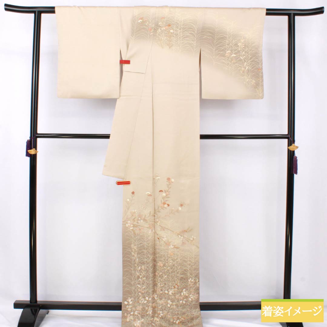 訪問着 正絹 Aランク 袷 身丈165.5cm 裄丈64cm 砥粉色(とのこいろ) 京友禅 ススキ 草花 萩 ベージュ系 1112007253525