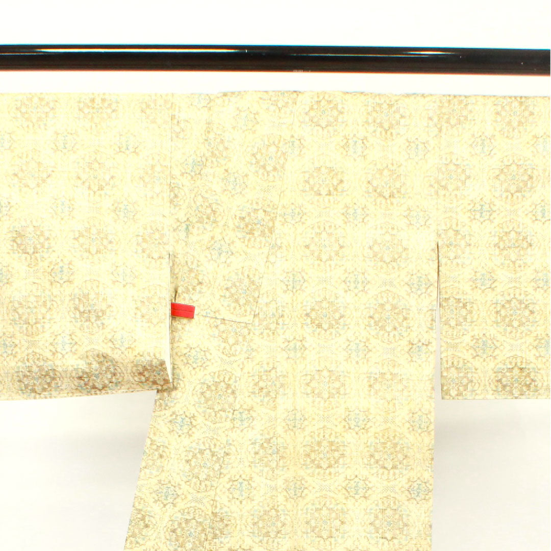 Tsumugi, Length 156cm, Sleeve length 62cm, Unused, Comes with basting thread, Tokyo white-brown, Abstract pattern, Pure silk, S rank, Awase, Cream color, 1116002252315