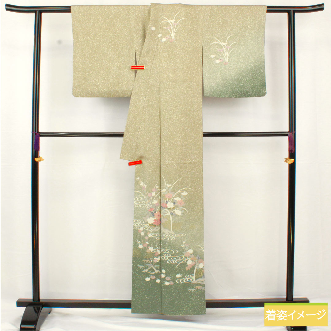 訪問着 正絹 袷 身丈157.5cm 裄丈62cm 蠟色(ろういろ) タタキ染 京友禅 菊 菖蒲 一つ紋 Sランク 緑系 1112005252319