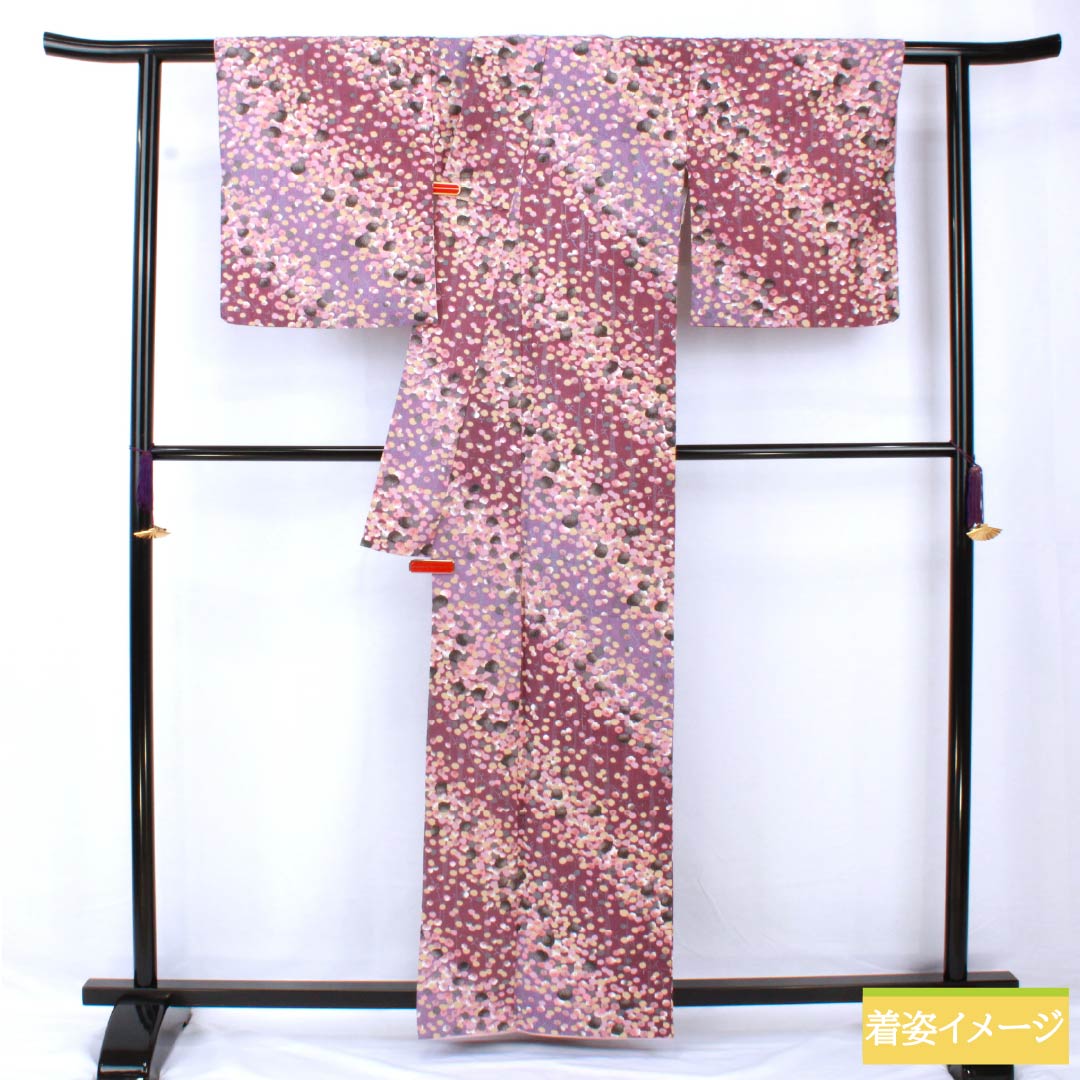 小紋 ポリエステル 身丈161.5cm 裄丈66cm 袷 蒲萄色(えびいろ) 古代紫色(こだいむらさきいろ) 型染 抽象柄 洗える着物 Aランク 紫系 1115005543420