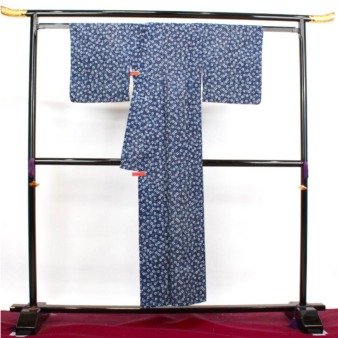 浴衣 濃紺色 花模様 木綿 Aランク 単衣 身丈152cm 裄丈63cm 紺系 1118004073218