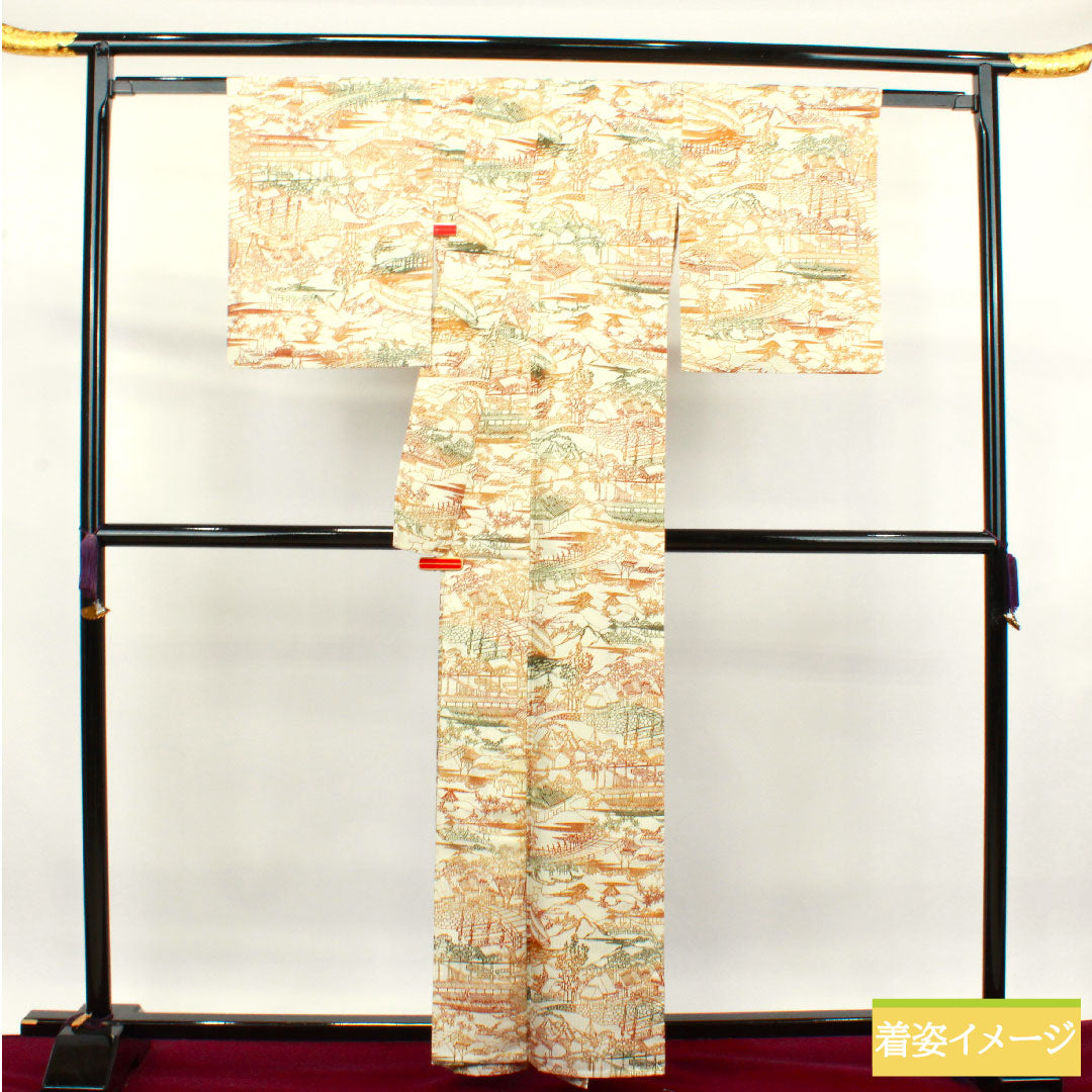 小紋 正絹 身丈160.5cm 裄丈65.5cm 単衣 生成り色 紬地 茶屋辻 Aランク クリーム系 1115003873415