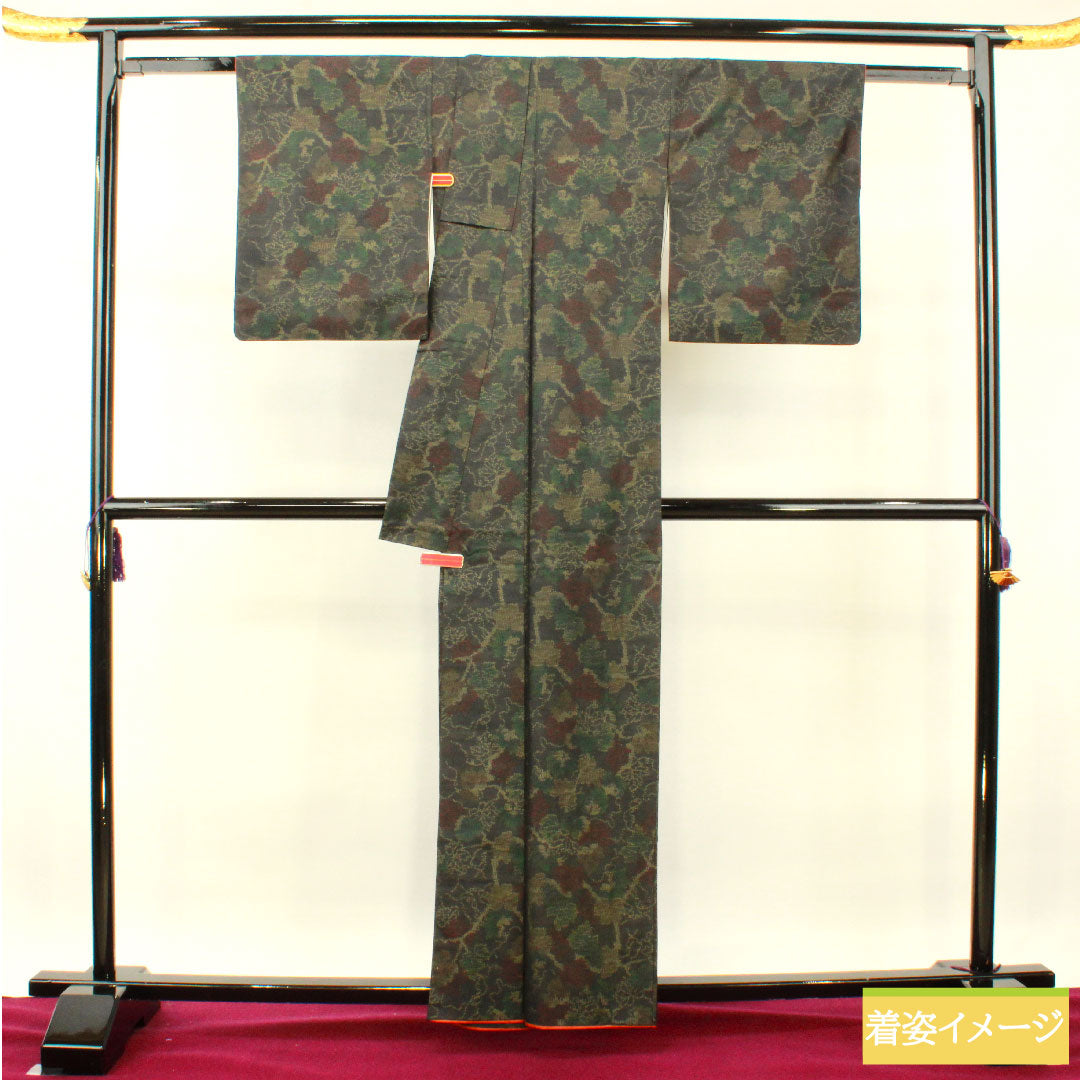 Silk pongee, Length 160cm, Sleeve length 65.5cm, Oshima pongee, Weft-total kasuri, Leaf pattern, S rank, Lined, Black, 1116003352410