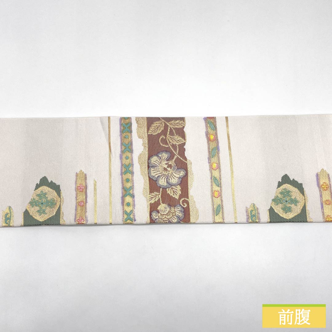 名古屋帯 ポリエステル Sランク 古典柄 横段調 唐花 帯丈372cm ポイント柄 セミフォーマル 白系 1124010792311 名古屋仕立て