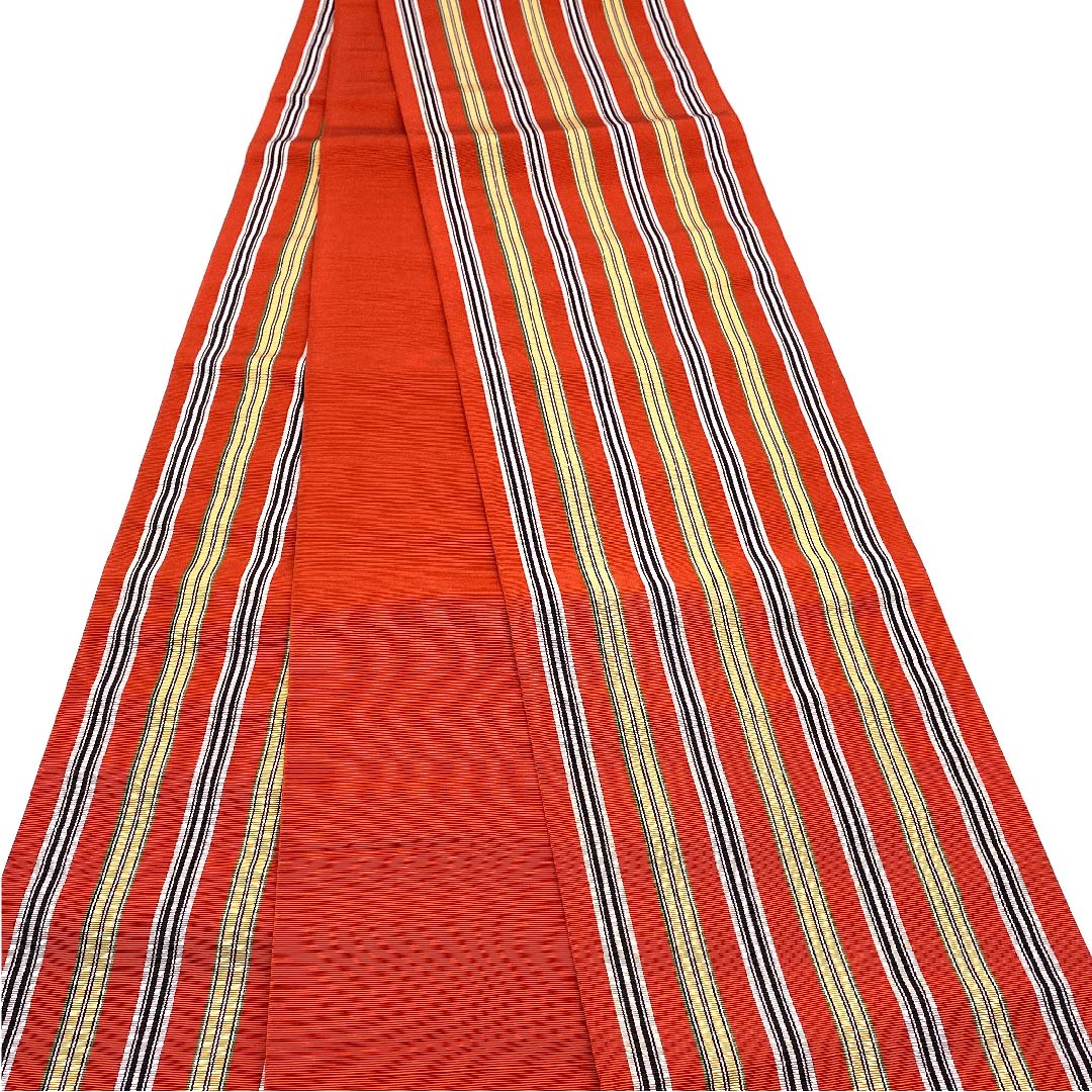 (未仕立)半幅帯 正絹 帯丈346cm 真朱色(しんしゅいろ) 縞 博多織 橙系 Sランク 1125001412326