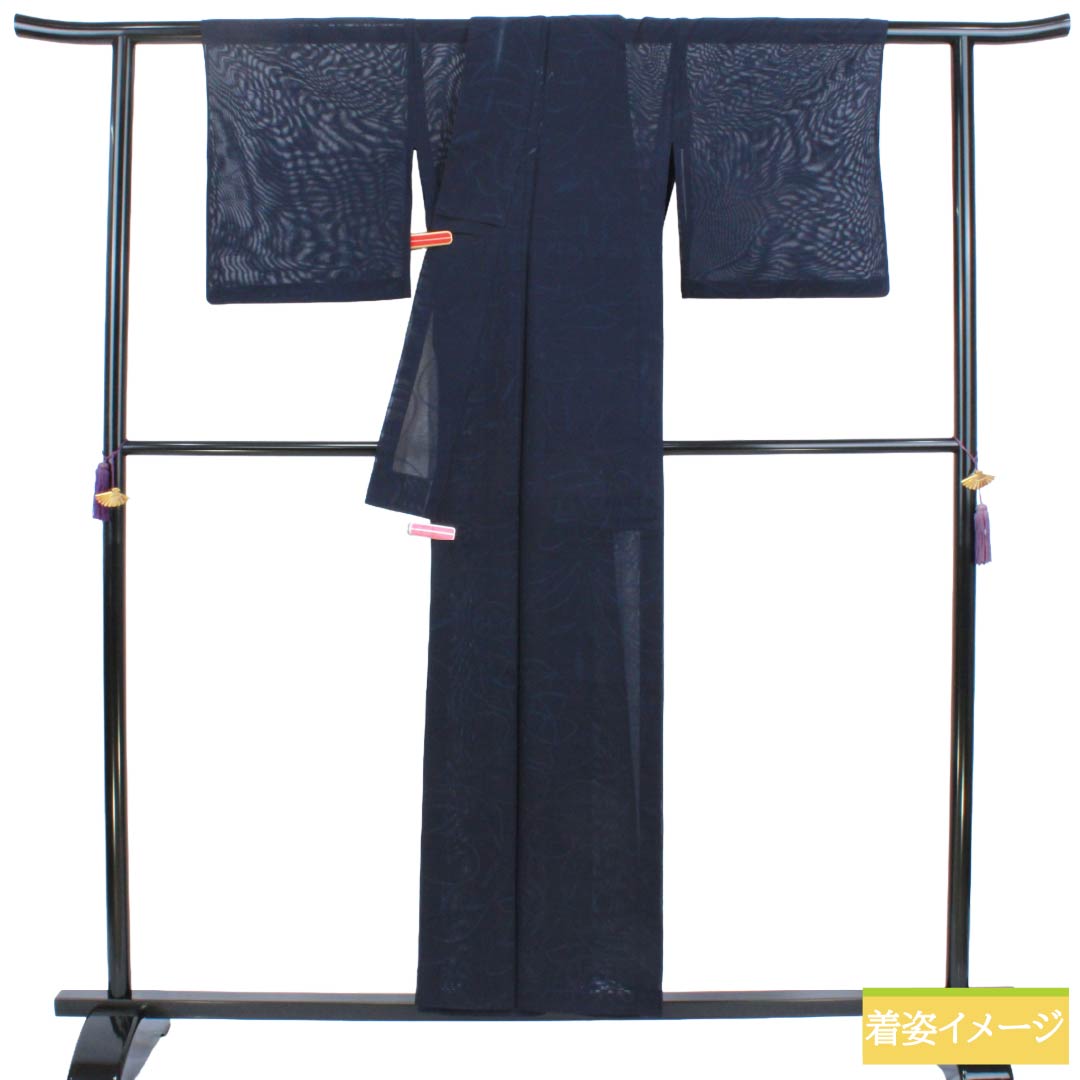 夏物 正絹 色無地 Bランク 身丈154.5cm 裄丈62.5cm 濃紺色(のうこんいろ) 草花模様 紗 紺系 1132004334218