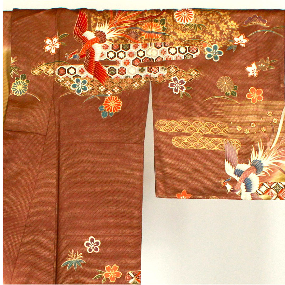 訪問着 袷 身丈165.5cm 裄丈68cm 京友禅 鳳凰 吉祥文様 正絹 Aランク 茶系 1112001063514