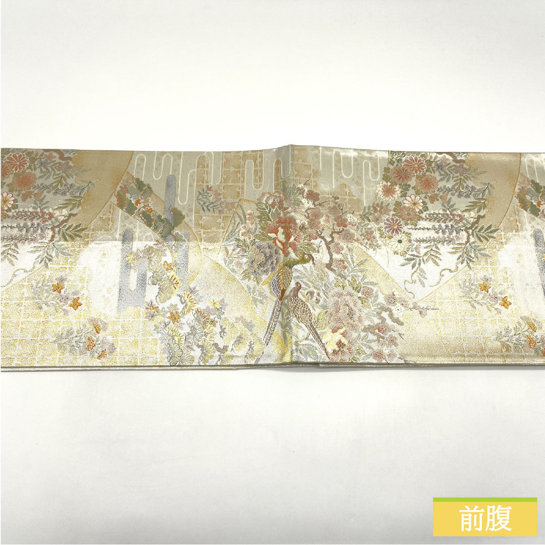 袋帯 正絹 Aランク 西陣織 扇面 吉祥文様 帯丈434cm 六通 フォーマル 銀系 1123016173322