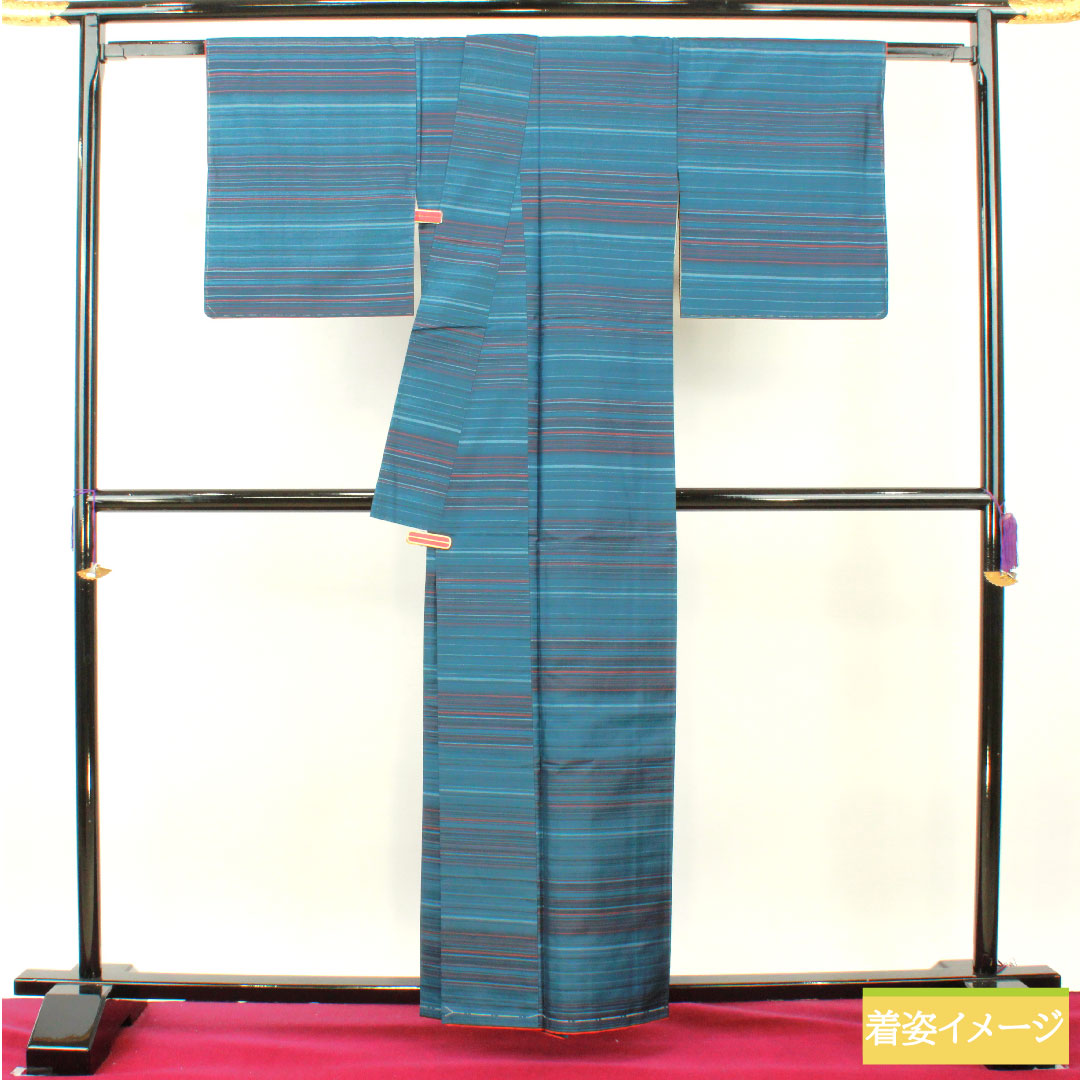 紬 正絹 身丈160cm 裄丈66cm 熨斗目花色(のしめはないろ) 縞大島 しつけ糸付き Aランク 袷 青系 1116003643417