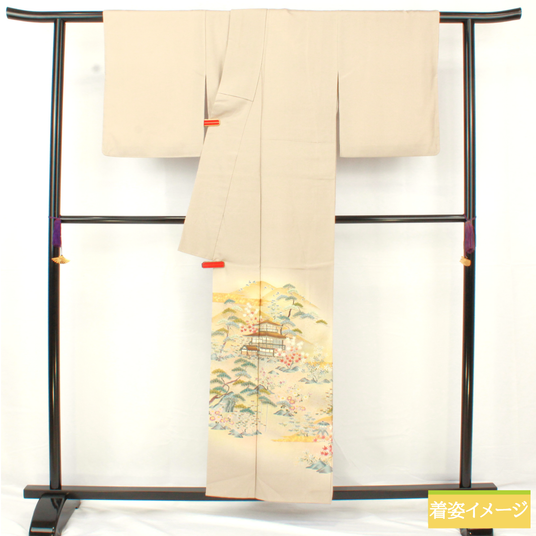 色留袖 正絹 身丈157cm 裄丈63cm 袷 白茶色(しらちゃいろ) 京友禅 作家物 銀閣寺 五つ紋 木瓜 Aランク ベージュ系 1111001553325