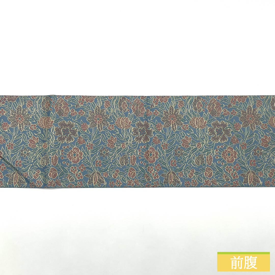 Nagoya Obi, Rust-Light Blue (Sabi Asagiiro) with Floral Pattern, 362cm Long, Pure Silk, S-Rank, Full Length, Semi-Formal, Light Blue, Item Number: 1124008842324, Nagoya Style