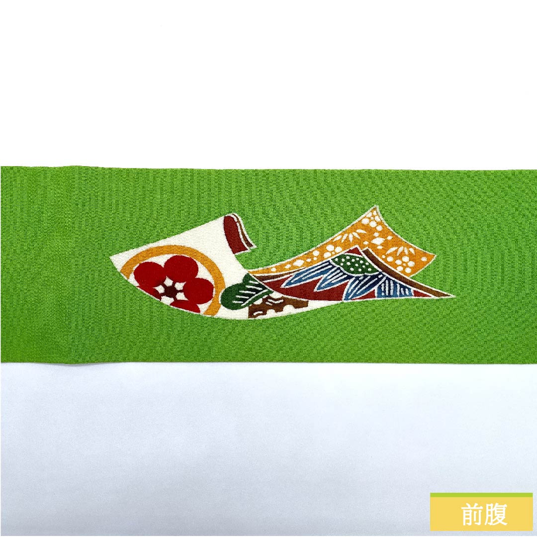 名古屋帯 若草色 型染 京紅型 松 狂言紋 和本 ちりめん地 帯丈378.5cm 正絹 Aランク ポイント柄 カジュアル 緑系 1124005793319 名古屋仕立て