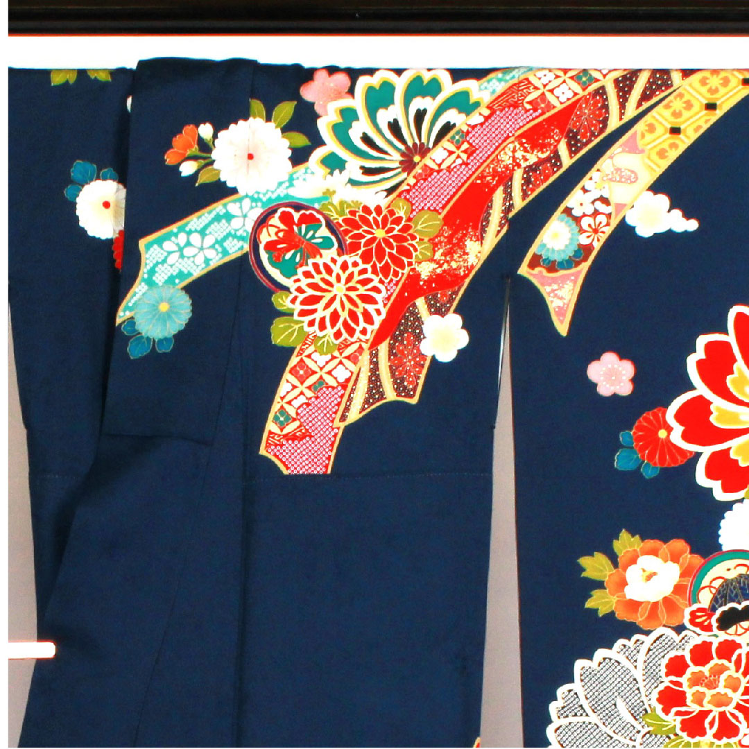 振袖 身丈170cm 裄丈68cm 袷 京友禅 熨斗に花模様 正絹 Sランク 紺系 1113000532618