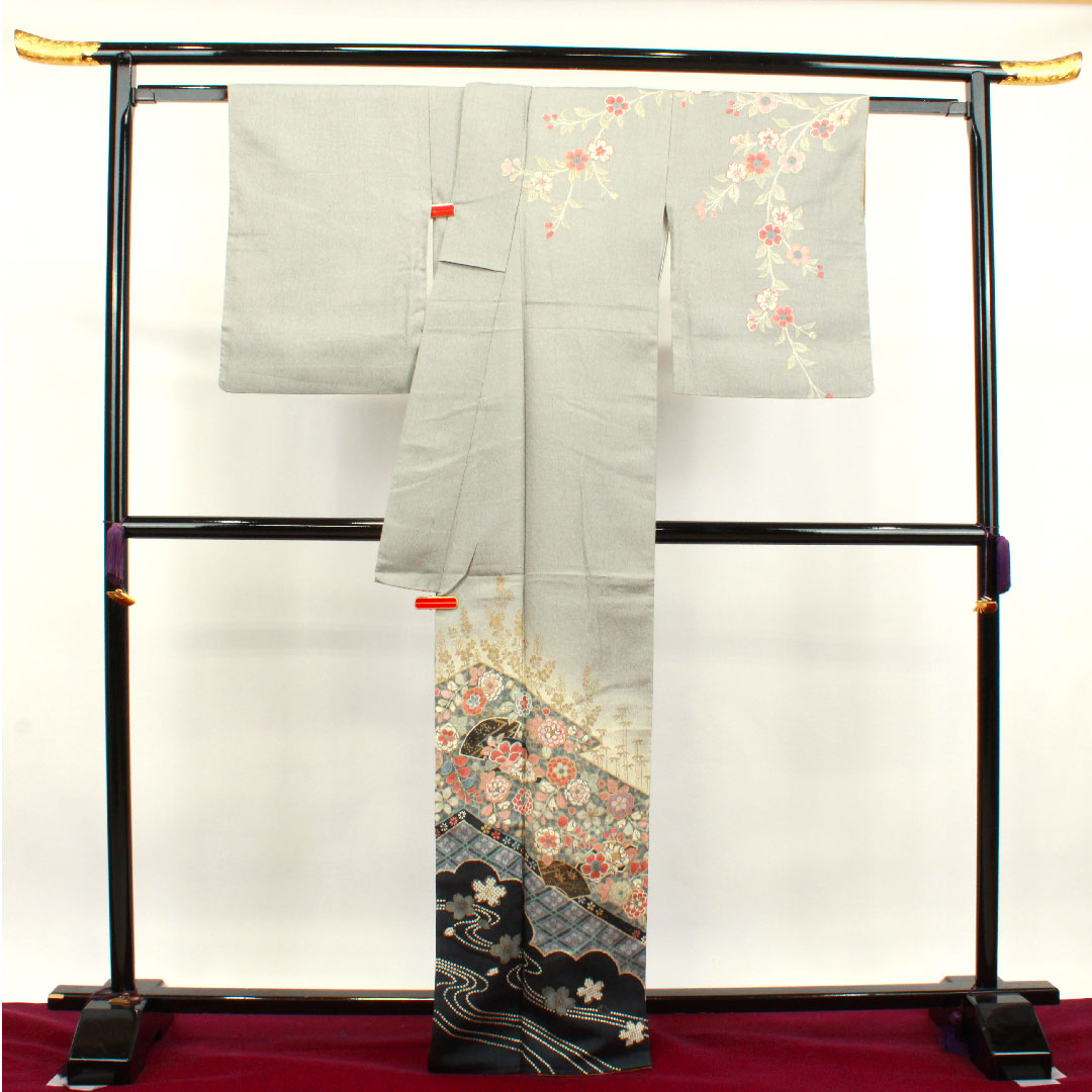 訪問着 正絹 袷 身丈166cm 裄丈66cm 水銀色 京友禅 辻ヶ花 Sランク グレー系 1112003062522