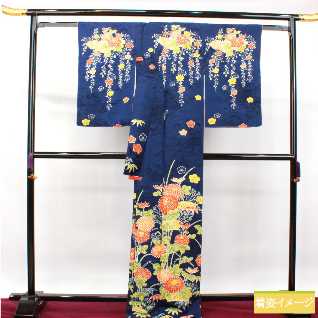 訪問着 正絹 袷 身丈168cm 裄丈63.5cm 濃桔梗色 京友禅 菊 梅 Aランク 紺系 1112003393518