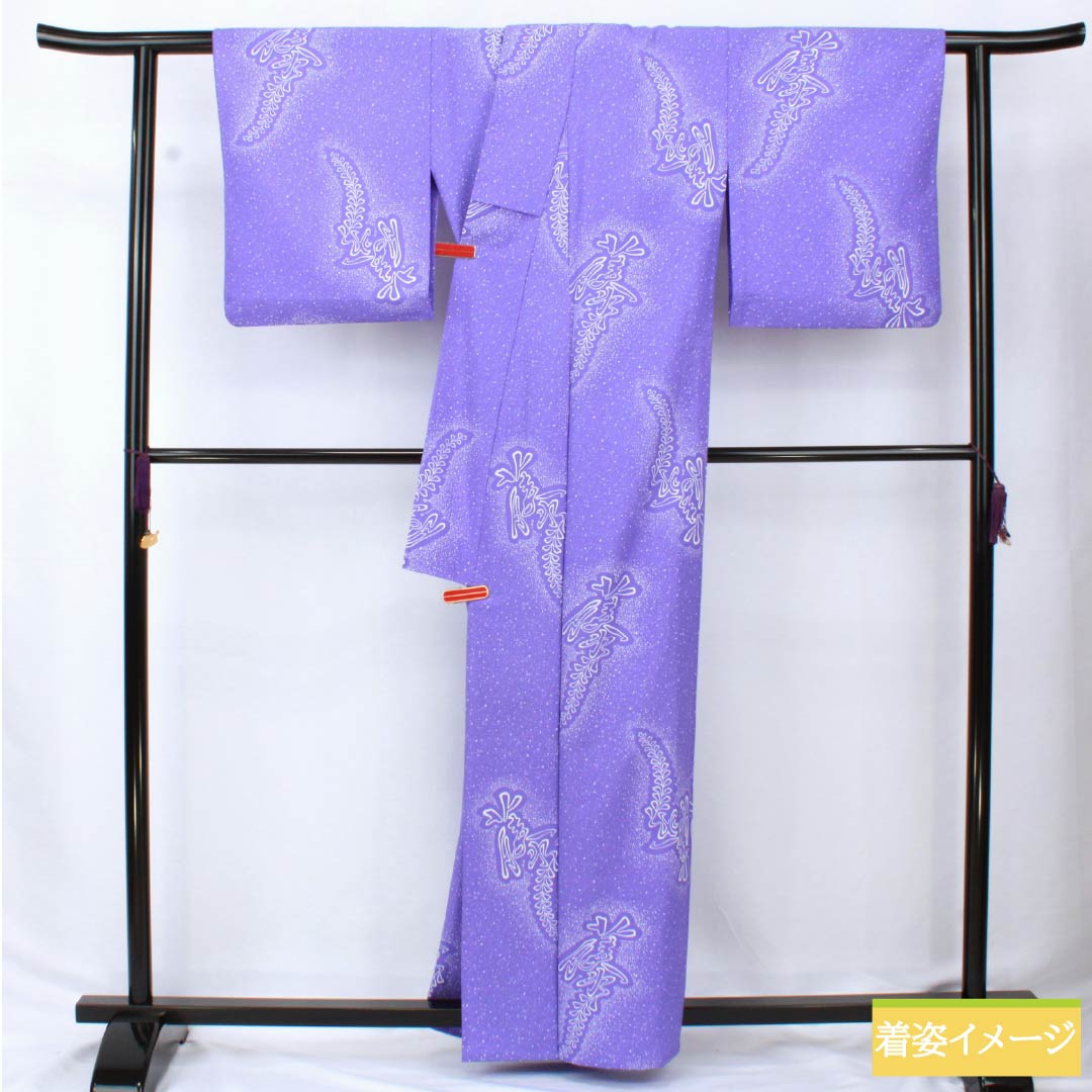 小紋 ポリエステル 身丈161.5cm 裄丈65.5cm 単衣 杜若色(かきつばたいろ) 藤 洗える着物 Sランク 紫系 1115006042420