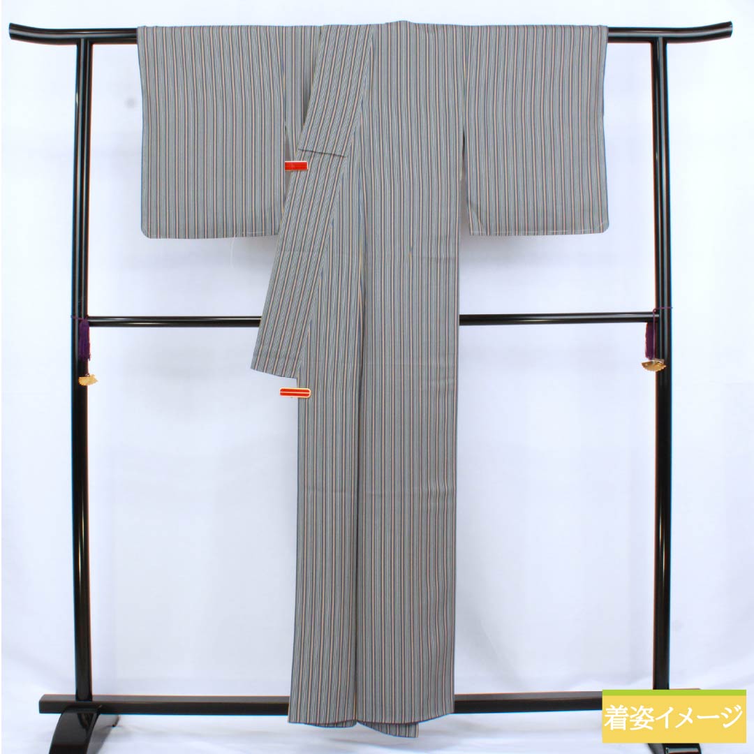Komon silk S-rank kimono, length 156.5cm, sleeve length 63cm, lined, gosu-iro (blue-green) vertical stripes, blue-based design, product number 1115006642317