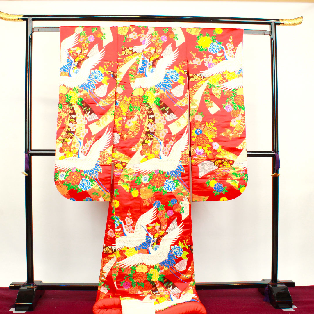 色打掛 身丈193cm 緋色 唐織 熨斗 鶴 正絹 Aランク 袷 朱系 1110000273916