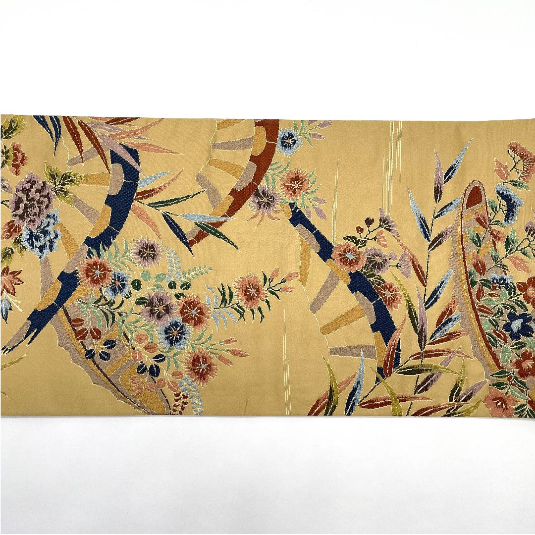 袋帯 山吹鼠色(やまぶきねずいろ) 白綾苑大庭 花柄 帯丈428cm 正絹 Sランク 六通 フォーマル 茶系 1123009472314