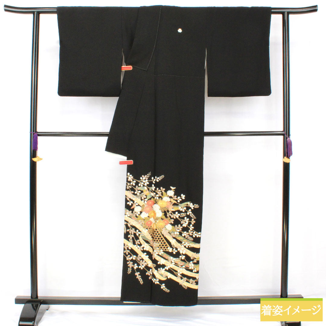 黒留袖 正絹 身丈154cm 裄丈65cm 袷 京友禅 鳳凰 束ね熨斗 五つ紋 片喰 Aランク 黒系 1111001583210