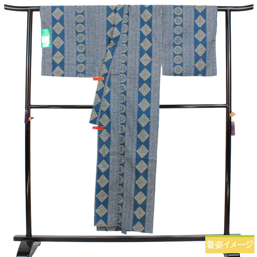 メンズ浴衣 木綿 Sランク 身丈150cm 裄丈71.5cm 裏色(うらいろ) 幾何学模様 単衣 青系 1138000502517