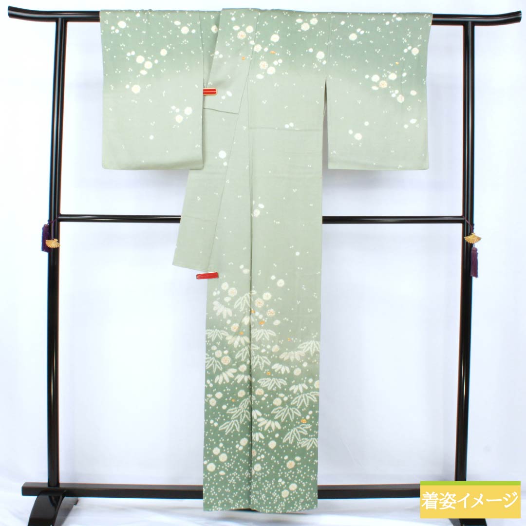 訪問着 正絹 Aランク 袷 身丈158.5cm 裄丈63cm 青磁色(せいじいろ) 一つ紋 金駒刺繍 絞り 重ね衿付き 梅 緑系 1112007333319