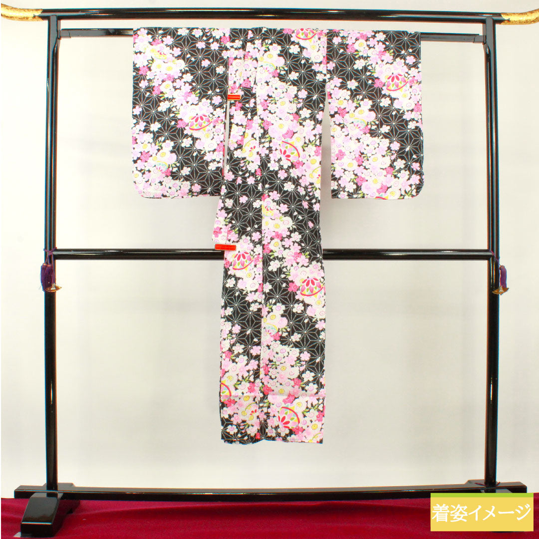 浴衣 木綿 身丈137.5cm 裄丈61.5cm Sランク 単衣 黒系 桜 麻の葉 1118005032110