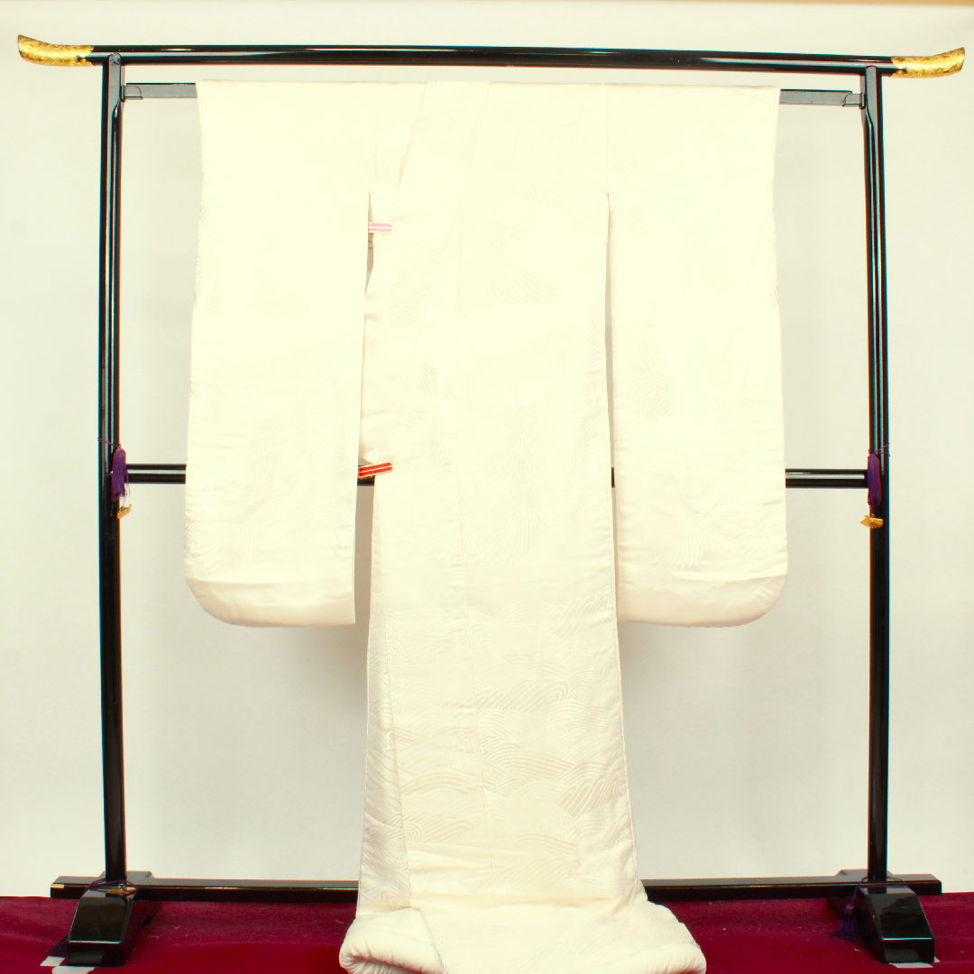 白無垢 身丈190cm 唐織 波 千羽鶴 正絹 Sランク 袷 白系 1110000442911