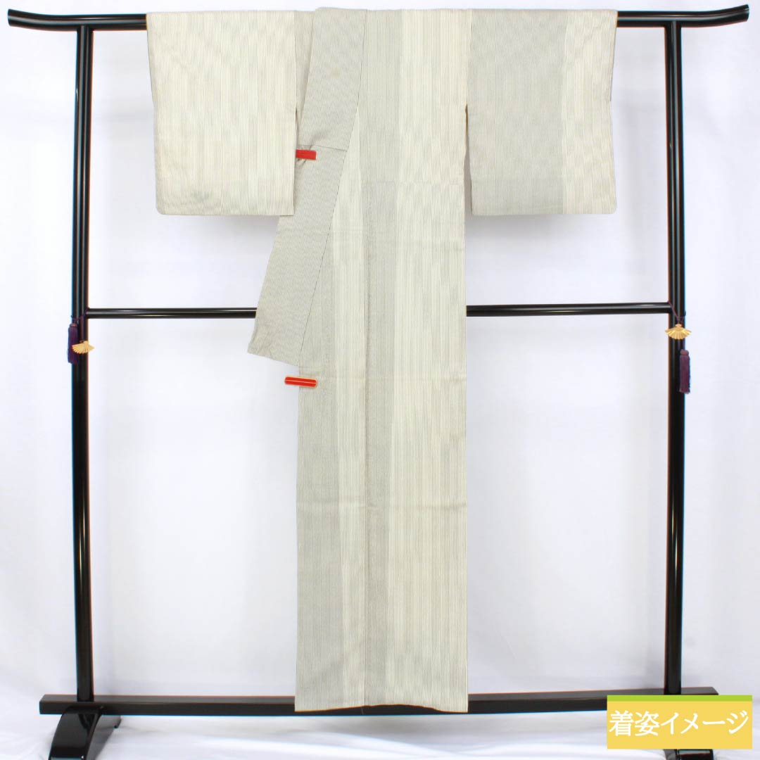 紬 正絹 Aランク 身丈154cm 裄丈62cm 乳白色(にゅうはくしょく) 塩沢紬 縞 袷 白系 1116004573211