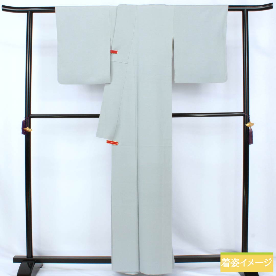 色無地 正絹 Sランク 身丈160.5cm 裄丈64cm 空色鼠色(そらいろねずいろ) 一つ紋 五三桐 素無地 袷 水色系 1114002682424