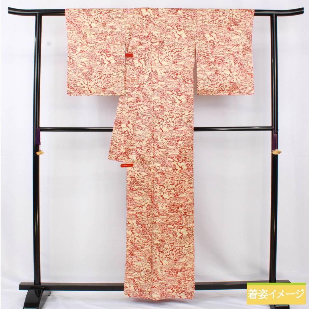 小紋 正絹 身丈162cm 裄丈63cm 袷 東京白茶色(とうきょうしらちゃいろ) 線描き風景画 風景 Sランク クリーム系 1115005222415