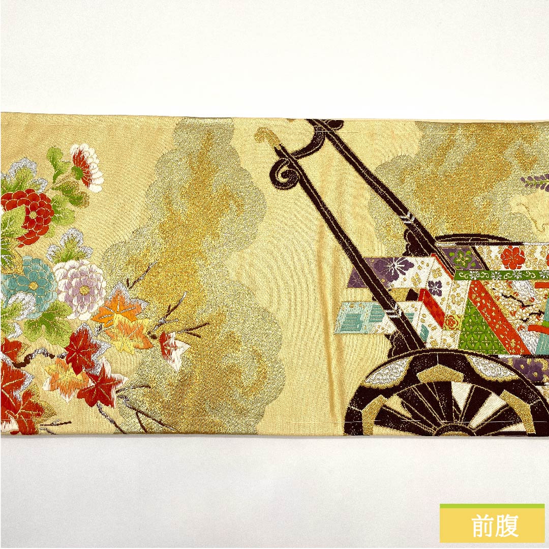 袋帯 薄卵色(うすたまごいろ) 御所車 牡丹 菊 紅葉 帯丈404cm 正絹 Sランク 六通 フォーマル クリーム系 1123010122315