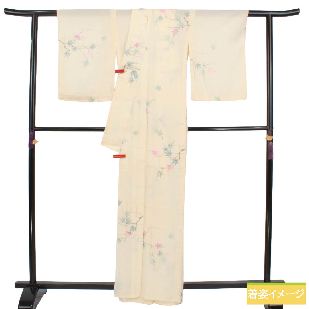 夏物 正絹 小紋 Sランク 身丈163.5cm 裄丈63.5cm 練色(ねりいろ) 紅葉 竹垣 絽 クリーム系 1132004722415