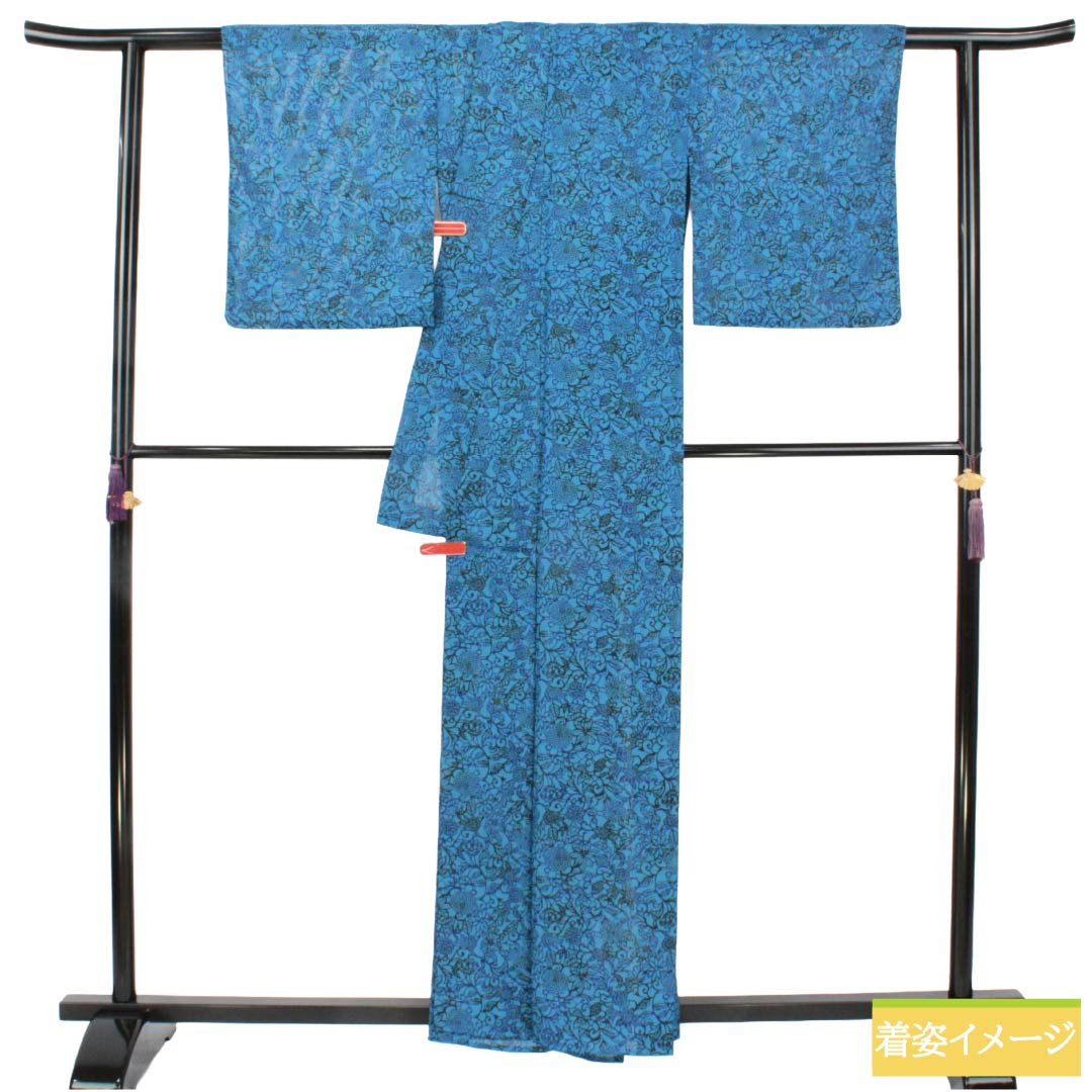 夏物 ポリエステル 小紋 Sランク 身丈160cm 裄丈64.5cm 次縹色(つぎのはなだいろ) 洗える着物 草花模様 型染 絽 青系 1132005962417