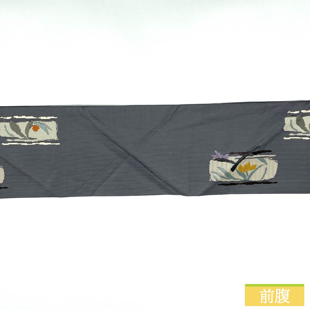 名古屋帯 正絹 Aランク 鉛色(なまりいろ) 抽象花 帯丈361cm 六通 カジュアル グレー系 1124010753322 名古屋仕立て