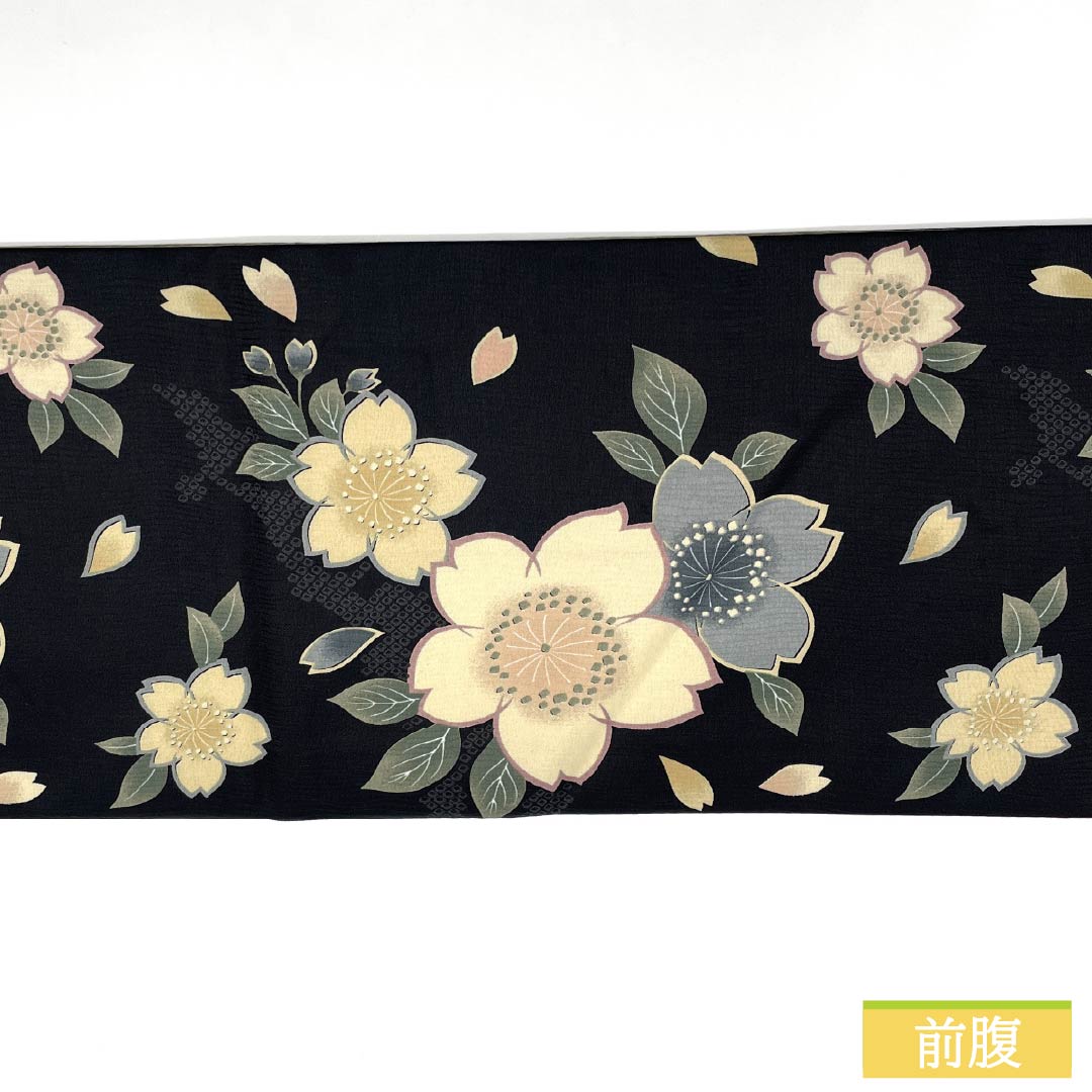 (京袋帯)名古屋帯 ポリエステル Sランク 京袋帯 染め帯 桜 帯丈396cm 全通 カジュアル 黒系 1124010932410 開き仕立て