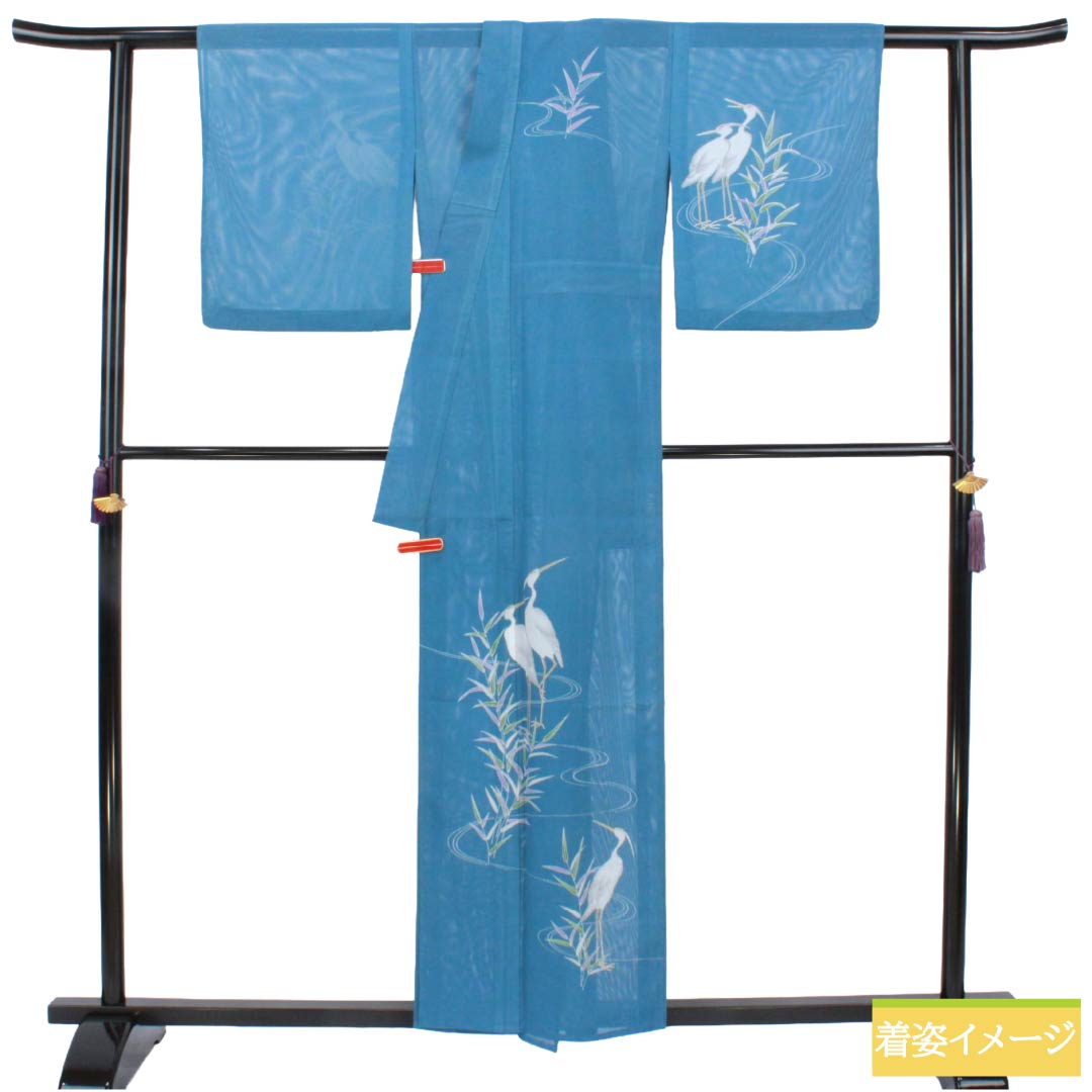 夏物 ポリエステル 付下げ Sランク 身丈157cm 裄丈67cm 甕覗色(かめのぞきいろ) 洗える着物 サギ 笹 絽 青系 1132006272317