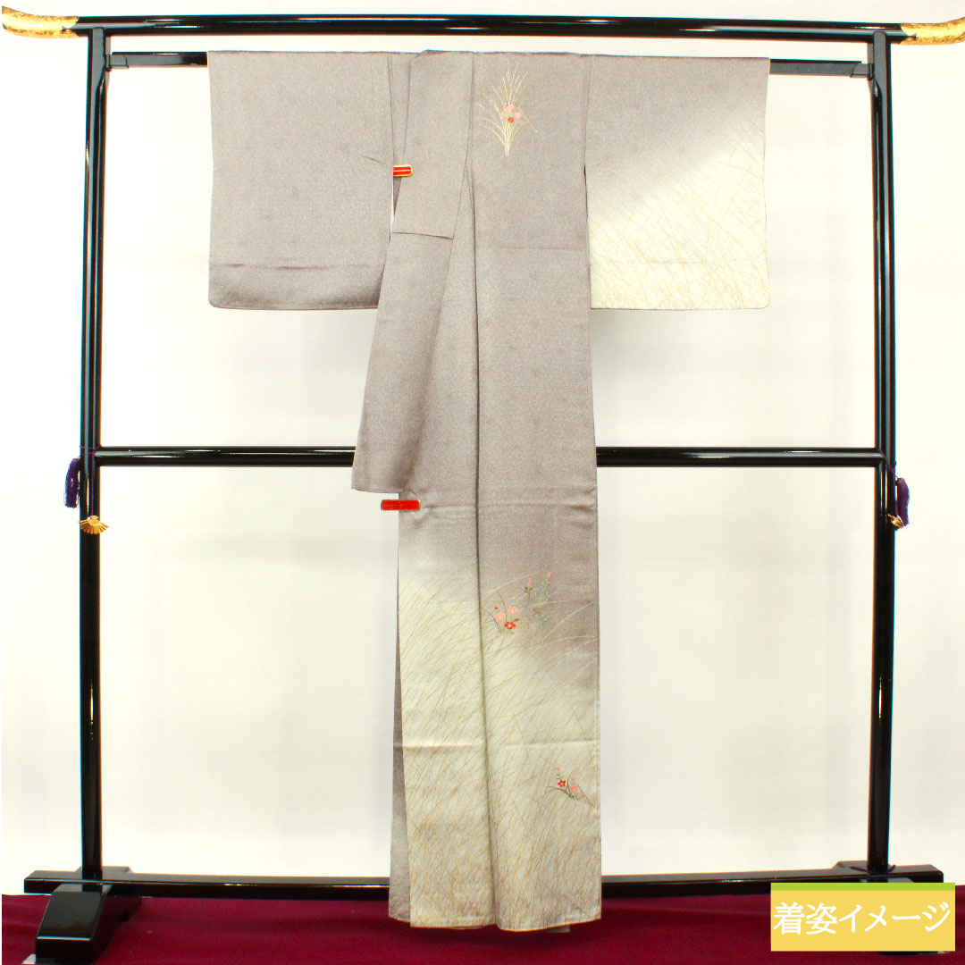 Homongi, pure silk, lined, length 161cm, sleeve length 65cm, dull purple, embroidery, A rank, gray, 1112003703422