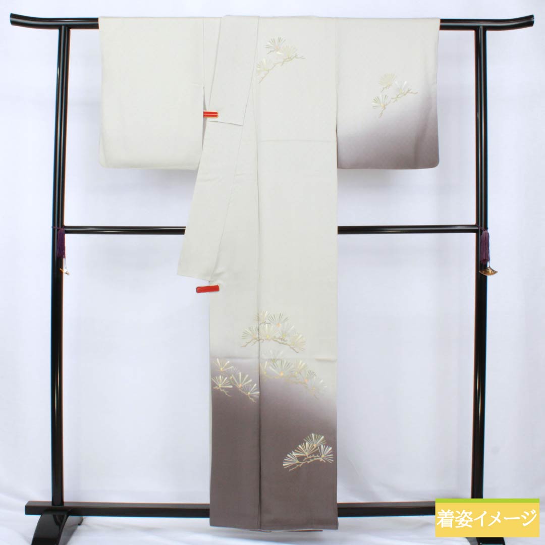 訪問着 正絹 Sランク 袷 身丈158.5cm 裄丈65cm 白鼠色(しろねずいろ) 佐賀錦 かざり錦 小島敏男 松葉 付下げ グレー系 1112006452322