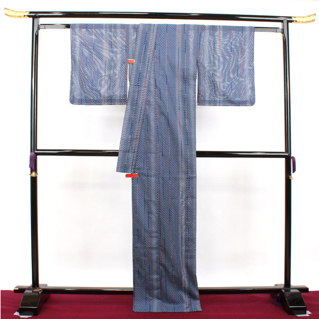 Summer kimono, polyester, small pattern, length 170.5cm, sleeve length 65cm, navy bellflower color, geometric pattern, washable kimono, with basting thread, silk, S rank, navy blue, 1132001552618