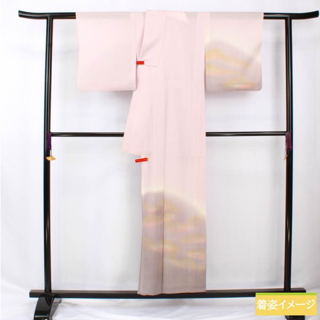 夏物 正絹 訪問着 身丈153cm 裄丈61.5cm 桜色(さくらいろ) 京友禅 一つ紋 丸に橘 絽 Bランク ピンク系 1132002194213