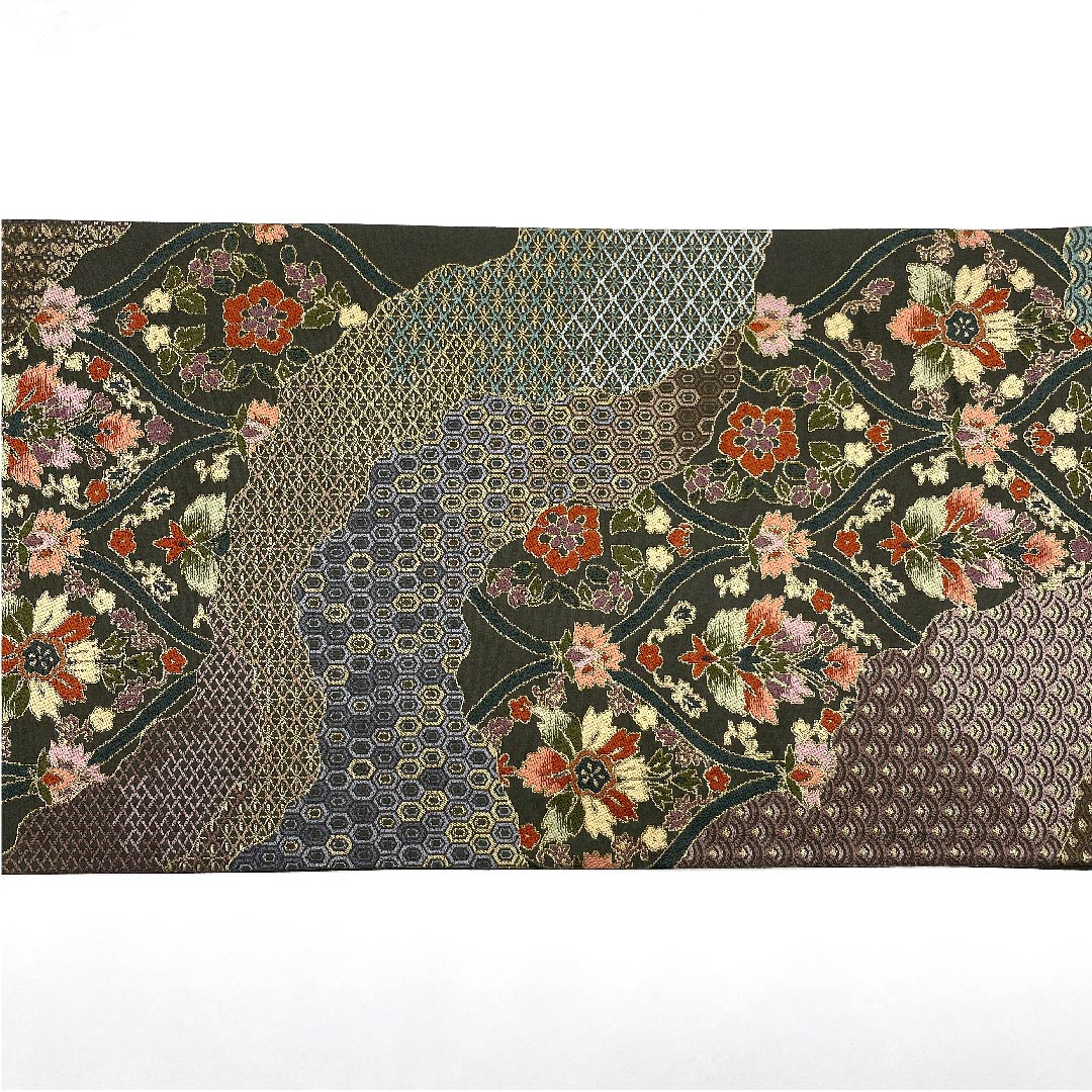 Fukuro Obi Black Oak Color (Kuro Tsurubamiiro) Tachiwaku Seigaiha Tortoise Shell Shirayaen Oba Obi Length 440cm Pure Silk A Rank Six-way Formal Green 1123008953319