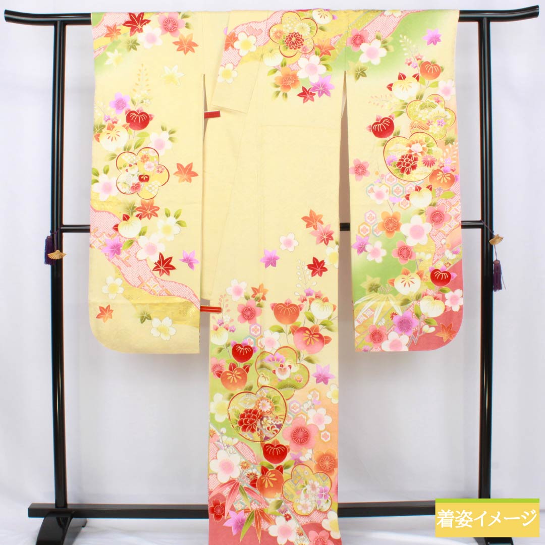 振袖 正絹 Aランク 身丈170cm 裄丈68cm 袷 淡黄色(たんこうしょく) 京友禅 吉祥文様 桜 橘 菊 黄系 1113002613623