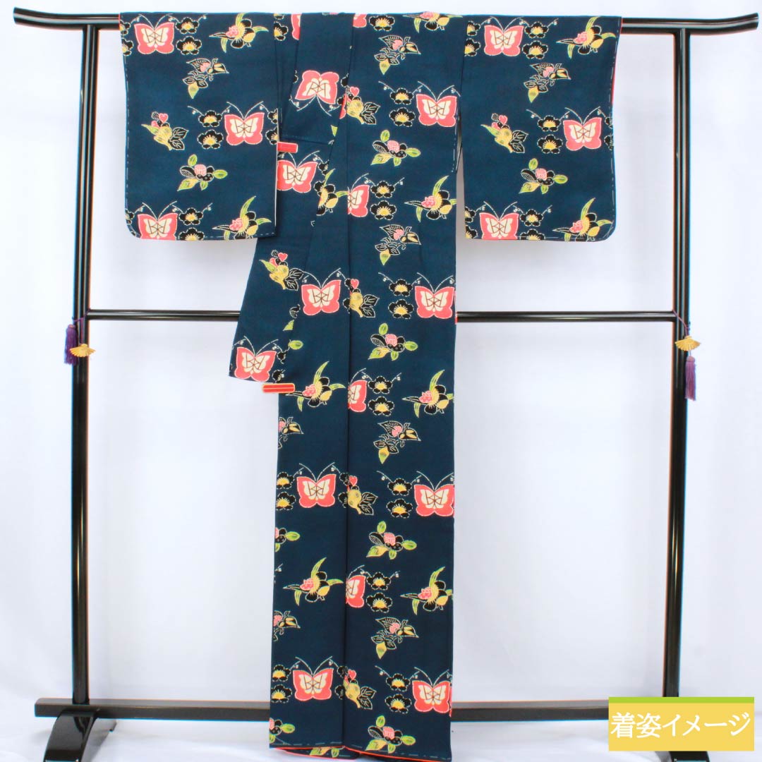 小紋 正絹 Sランク 身丈164cm 裄丈68cm 袷 濃紺色(のうこんいろ) 京紅型 一方付け 蝶 花 紺系 1115007712418